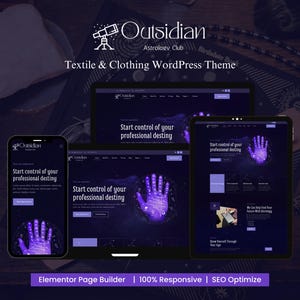 Op de afbeelding: Een website-mockup voor een astrologie-club genaamd Outsidan. De website heeft een donkerpaarse achtergrond met een hand met een handlijnen-ontwerp. De tekst "Neem de controle over je professionele bestemming" wordt op de website weergegeven.