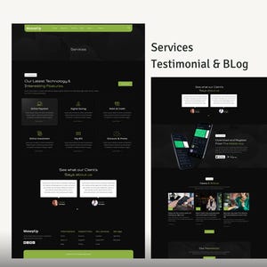 May include: A website design with a dark theme and green accents. The design includes sections for services, testimonials, and a blog. The text includes "MoneyUp", "Services", and "Our Latest Technology & Interesting Features".