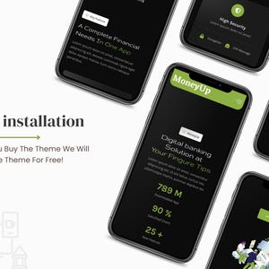 May include: Multiple smartphones displaying a financial app interface with a dark theme and green accents. The app features include high security, complete financial needs, and digital banking solutions. Text on the screen includes "MoneyUp" and "Free installation."