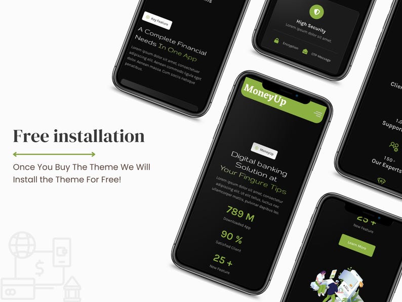 May include: Multiple smartphones displaying a financial app interface with a dark theme and green accents. The app features include high security, complete financial needs, and digital banking solutions. Text on the screen includes "MoneyUp" and "Free installation."