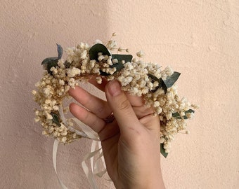 Baby breath headband, Greenery flower crown, Dried flower crown, Gypsophila headpiece, Flower girl headband, Baby flower halo, new born halo