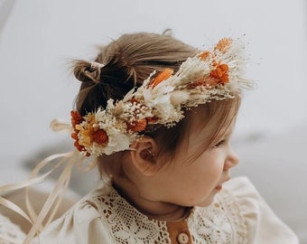 Dried flower crown, Terracotta flower, Child had wreath, New born headband, Flower girl, Burn orange flower headband, Dried floral halo