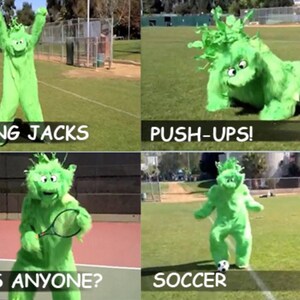 May include: A green, fuzzy, monster-like character performs various exercises, including jumping jacks, push-ups, tennis, and soccer. The text "JUMPING JACKS", "PUSH-UPS!", "TENNIS ANYONE?", and "SOCCER" is displayed below each image.