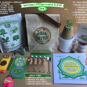 May include: A gardening kit with a green and white canvas tote bag, a book titled "Garden Library: Munchimonster", a small watering can, four seed tubes, a small shovel, and a variety of other gardening supplies. The kit includes a bag of organic soil, a small dirt disk, and a variety of seeds. The kit is designed to help children learn about gardening and grow their own plants.