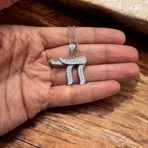 Huge Chai Necklace Israel Necklace Sterling Silver with Zircons Am Yisrael Chai Jewelry Judaica Jewelry Made in Israel Jewelry Hai Necklace