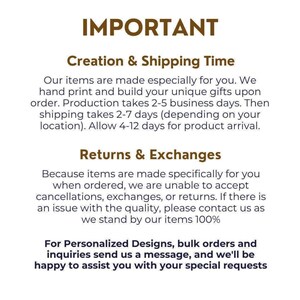 The image is a text-based advertisement that provides information about the importance of the items being made for the customer, the return and exchange policy, and how to contact the seller for personalized designs, bulk orders, and inquiries.