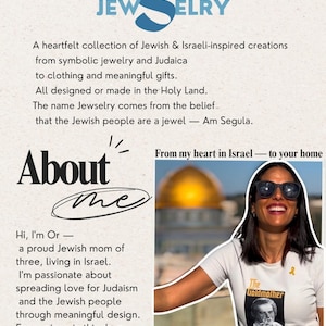The image is a collage featuring a woman wearing sunglasses and a t-shirt with a Jewish-themed design. The collage includes a photograph of the woman and text describing her as a proud Jewish mom of three living in Israel and a passionate advocate for Judaism and the Jewish people through meaningful design.