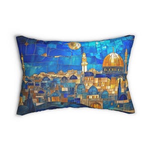 Poszewka na poduszkę z jerozolimską sztuką, dekoracja domu, sztuka judaiczna, poduszka na sofę, Izrael, prezent dla niej, izraelski artysta, Izrael, sztuka judaiczna, prezenty zdjęcie 4