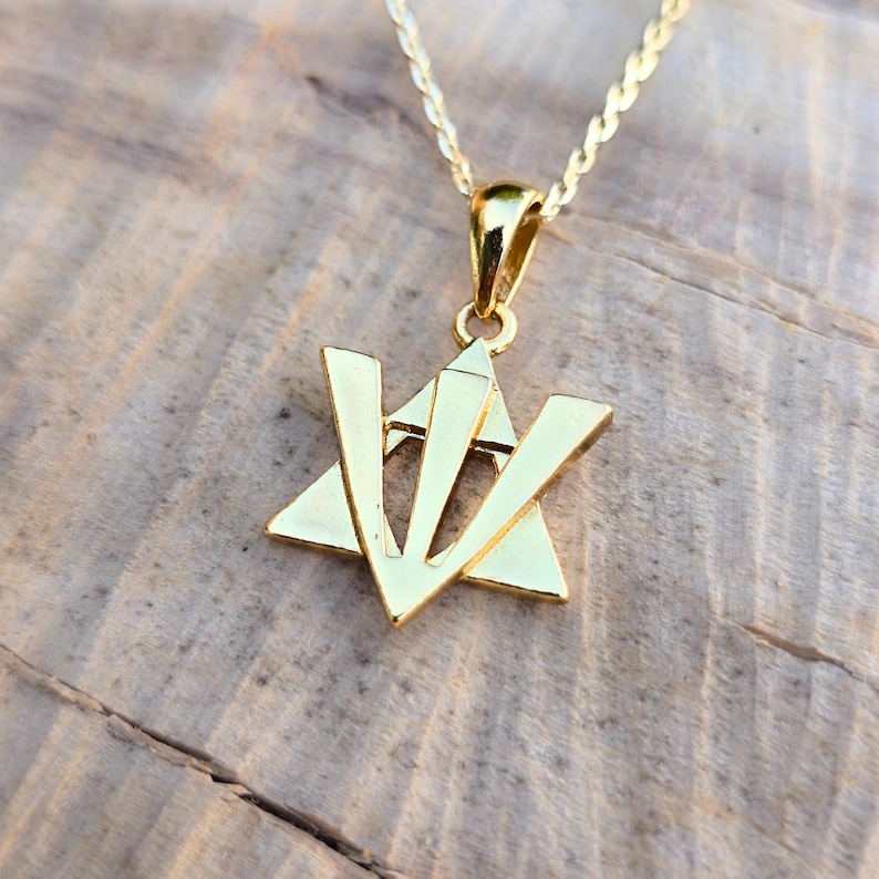 A gold-colored pendant necklace with a Star of David design is displayed on a wooden surface.