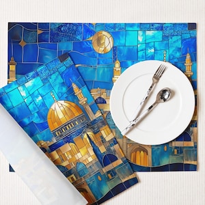 Jerusalem Placemat Set Judaica Gifts for Home Decor Placemats 4 Pcs Jewish Gifts Israel Gift Hebrew Gift Tableware Decor Shabbat Shalom