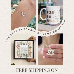 The image is a collage of four photos featuring various items related to Israel, including a bracelet, a coffee mug, a framed picture, and a Star of David pendant.