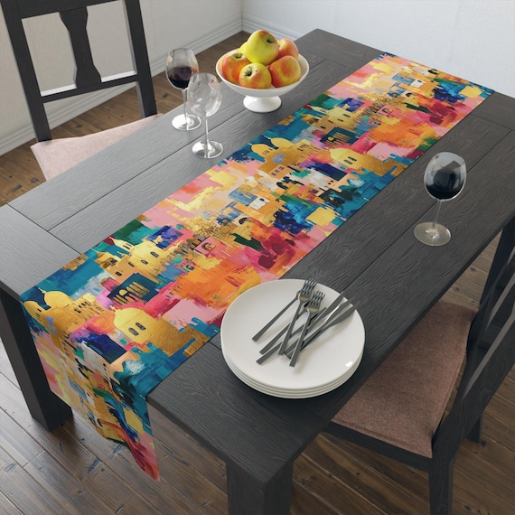 Judaica Gift Jerusalem Art Table Runner Cotton Jewish Gift for Home Decor Judaica Gifts Shabbat Israel Gift Table Runner Israeli Artist