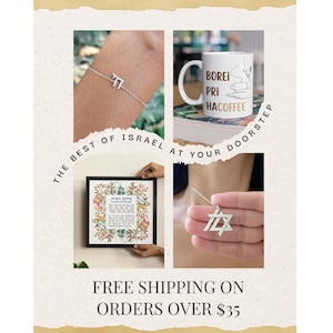 The image is a collage of four photos featuring various items related to Israel, such as a bracelet, a coffee mug, a framed picture, and a Star of David. The collage also includes text that reads "The best of Israel at your doorstep" and "FREE SHIPPING ON ORDERS OVER $35".