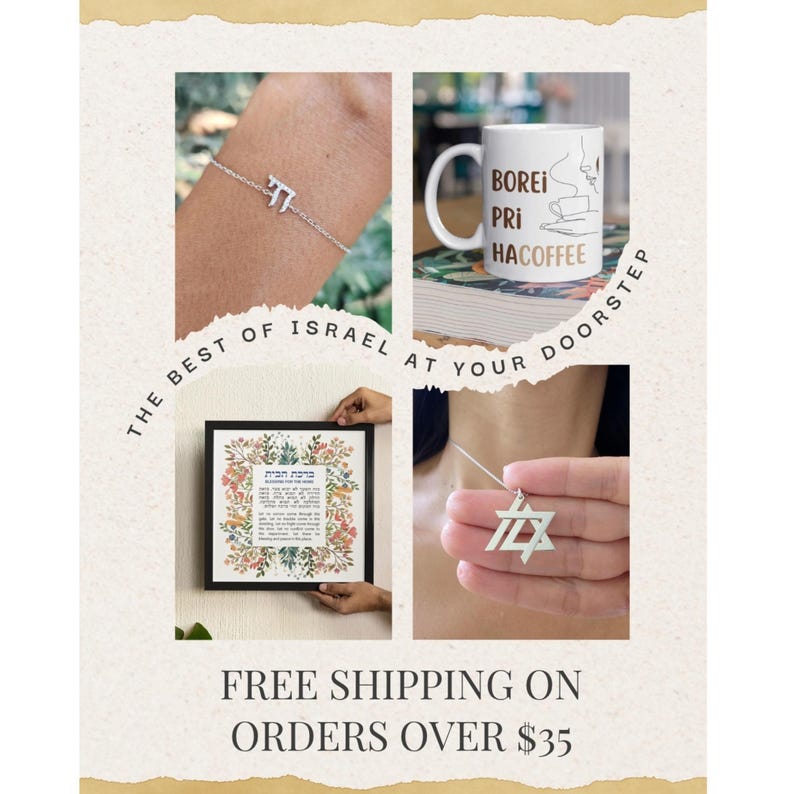 The image is a collage of four photos featuring various items related to Israel, such as a bracelet, a coffee mug, a framed picture, and a Star of David. The collage also includes text that reads "The best of Israel at your doorstep" and "FREE SHIPPING ON ORDERS OVER $35".