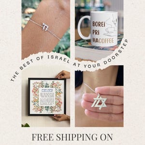 The image is a collage of four photos featuring various items related to Israel, including a bracelet, a coffee mug, a framed picture, and a Star of David pendant.