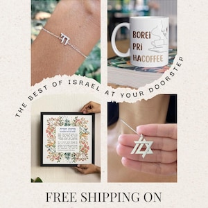 The image is a collage of four photos featuring various items related to Israel, including a bracelet, a coffee mug, a framed picture, and a Star of David pendant.