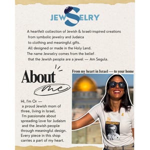 The image is a collage featuring a woman wearing sunglasses and a t-shirt with a Jewish-themed design. The collage includes text and a photograph of the woman.