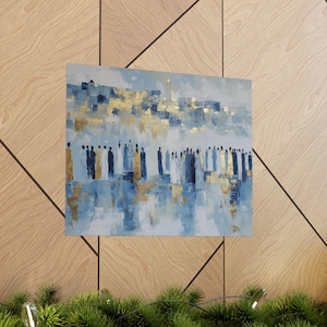 May include: Abstract painting in blue and gold tones. The artwork shows a cityscape with figures in the foreground. The painting has a textured appearance, with brushstrokes creating depth and movement. The overall theme is spiritual.