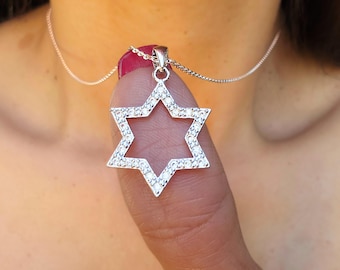Star of David Necklace 925 Sterling Silver Open Magen David Pendant Cubic Zirconia Necklace Judaica Jewelry Jewish Gift Israel Necklace