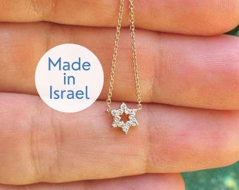 Diamonds Magen David Necklace 14k Solid Gold Star of David Necklace Judaica Gift Made is Israel Jewelry Support Israel Jewish Star Necklace