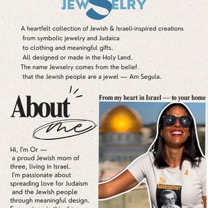 The image is a collage featuring a woman wearing sunglasses and a t-shirt with a Jewish-themed design. The collage includes a photograph of the woman and text describing her as a proud Jewish mom of three living in Israel and a passionate advocate for Judaism and the Jewish people through meaningful design.
