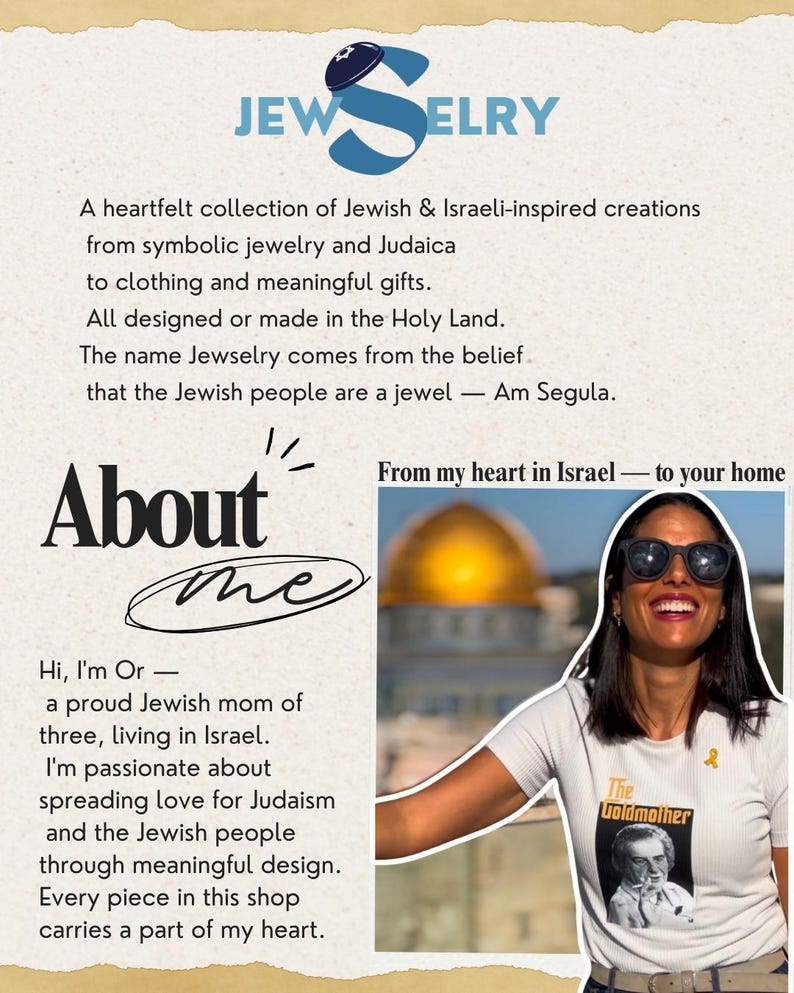 The image is a collage featuring a woman wearing sunglasses and a t-shirt with a Jewish-themed design. The collage includes a photograph of the woman and text describing her as a proud Jewish mom of three living in Israel and a passionate advocate for Judaism and the Jewish people through meaningful design.