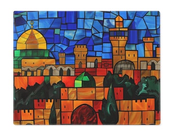 Funda para jalá de Jerusalén, mantel individual de algodón, arte israelí, vidriera, horizonte de la Ciudad Vieja, judaica, decoración del hogar, regalo judío, decoración de mesa de Hanukkah