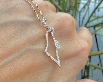 Israel Map Necklace Solid Gold with Diamonds Jewish Necklace Judaica Jewelry Made is Israel Necklace stand with Israel Jewelry Israeli Gift