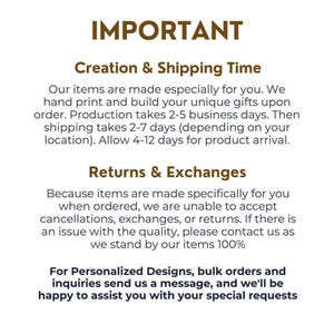 The image is a text-based advertisement that provides information about the importance of the items being made for the customer, the return and exchange policy, and how to contact the seller for personalized designs, bulk orders, and inquiries.