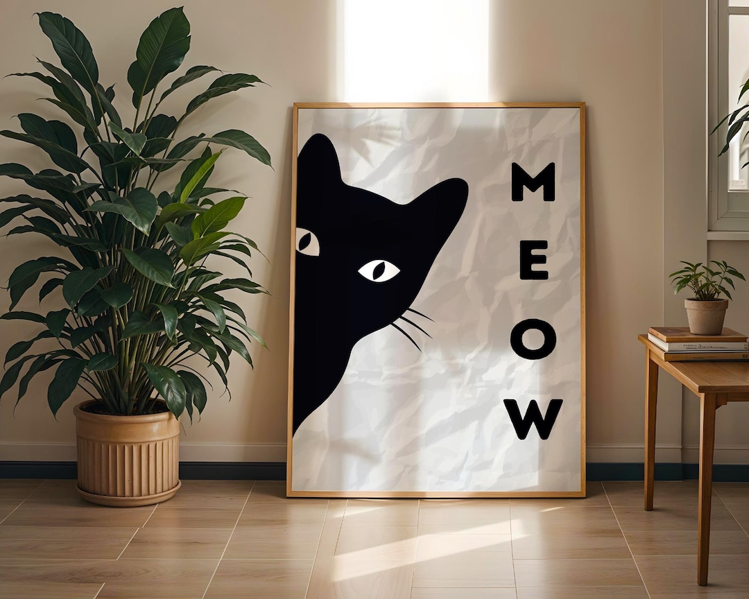 Black Cat Wall Art Decor Poster – Black & White Cartoon Cat Print ...