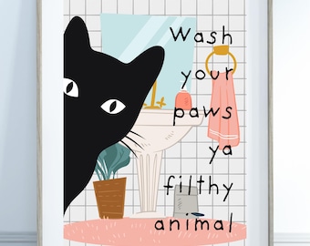 Wasche Deine Pfoten Schwarze Katze Print: Lustiges Badezimmer Wandbild