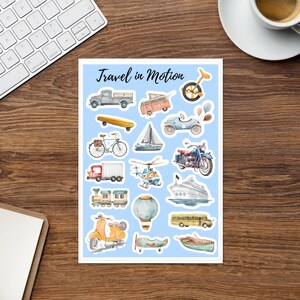 Pacchetto di adesivi minimalisti con tema trasporti acquerellati – Adesivi da viaggio per diari, scrapbooking, laptop, auto, aereo, bicicletta, treno, autobus