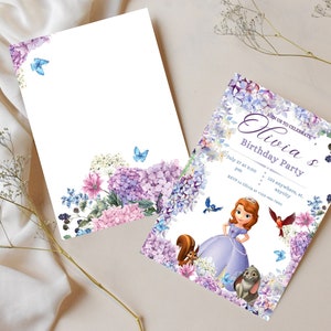 May include: A printable invitation for a birthday party with a floral design featuring a princess character, a squirrel, a rabbit, and butterflies. The text on the invitation reads "Join us to celebrate Olivia's Birthday Party, July 27 at 5:00 pm, 123 anywhere, st, anyelty, RSVP to Olivia at 123-456-7890."