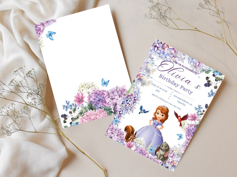 May include: A printable invitation for a birthday party with a floral design featuring a princess character, a squirrel, a rabbit, and butterflies. The text on the invitation reads "Join us to celebrate Olivia's Birthday Party, July 27 at 5:00 pm, 123 anywhere, st, anyelty, RSVP to Olivia at 123-456-7890."