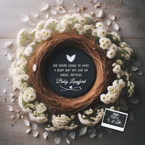Anuncio digital de pérdida de bebé, anuncio de aborto espontáneo, ángel en el libro de la vida demasiado hermoso para la Tierra, pérdida de embarazo editable