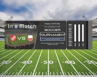 Mall för fotbollsmatchbiljett, presentkort för fotboll, redigerbar fotbollsmatchbiljett, utskrivbar överraskningsavslöjning av fotbollsmatch, anpassningsbar