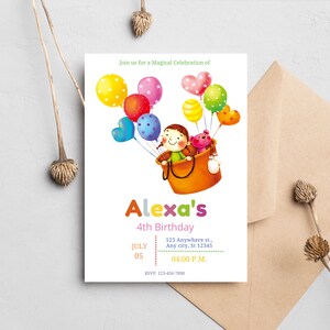 Balloon Birthday Invitation, 1st Birthday Girl, Girl & Balloon Birthday Invite, Balloon Party Invitation Printable Editable Digital Download