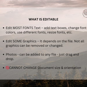 May include: A graphic with the text "WHAT IS EDITABLE" and a list of editable features for a digital product. The list includes: Edit MOST FONTS Text, Edit SOME Graphics, Photos, and CANNOT CHANGE Document size & orientation.
