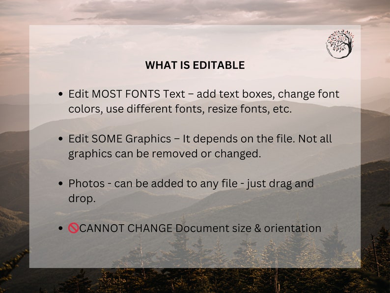 May include: A graphic with the text "WHAT IS EDITABLE" and a list of editable features for a digital product. The list includes: Edit MOST FONTS Text, Edit SOME Graphics, Photos, and CANNOT CHANGE Document size & orientation.