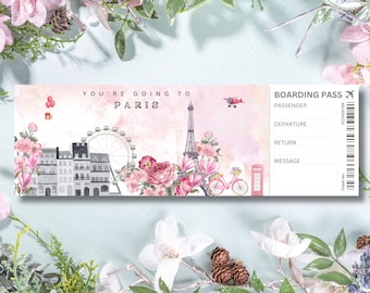 May include: A pink and white boarding pass with a watercolor illustration of the Eiffel Tower, a Ferris wheel, and a bicycle. The text "You're going to Paris" is printed on the boarding pass.