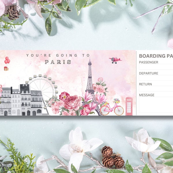 Paris Boarding Pass Printable Template, Editable Paris Surprise Gift Ticket, Trip To Paris France Vacation, Plane Ticket Instant Download