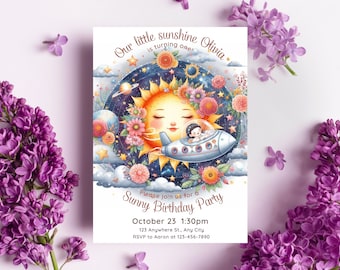 First Trip Around The Sun Birthday Invitation Template, First Birthday Space Invitation, Sun Invitation, Printable 1st Birthday Invitation