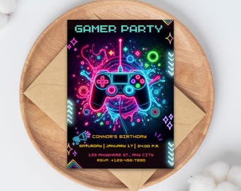 Plantilla de invitación de cumpleaños de videojuego neón (descarga digital)