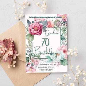 Convite de aniversário floral, convite de aniversário de flor rosa rosa mulher, convite de aniversário editável para qualquer idade, impressão floral, convite para adultos