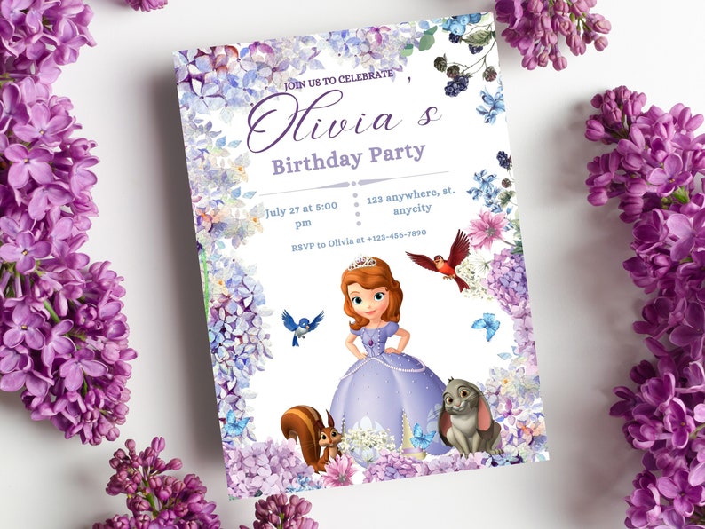 May include: A purple and white birthday invitation with a floral border. The invitation features a cartoon image of Princess Sofia the First, a squirrel, a rabbit, and birds. The text on the invitation reads "Join us to celebrate Olivia's Birthday Party, July 27 at 5:00 pm, 123 anywhere, st. anycity, RSVP to Olivia at +123-456-7890."