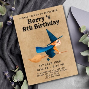 Invitation d'anniversaire Assistant Invitation d'anniversaire HP Assistant sorcière Invite Hocus Pocus, carte virtuelle d'anniversaire, fête du monde de la sorcellerie imprimable modifiable