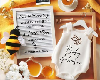 Anuncio de embarazo digital con temática BEE, anuncio de bebé Honey BEE para redes sociales, plantilla editable Our Little Bee, estamos entusiasmados