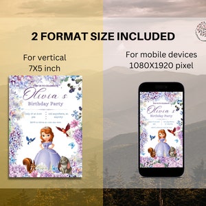 May include: A printable invitation for a birthday party with a floral design and a cartoon princess in a purple dress. The invitation says "Join us to celebrate Olivia's Birthday Party".