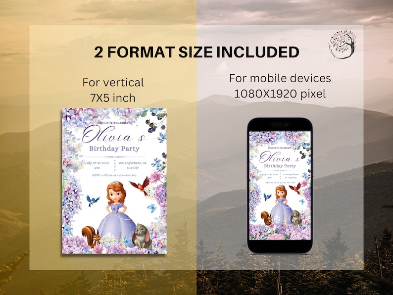 May include: A printable invitation for a birthday party with a floral design and a cartoon princess in a purple dress. The invitation says "Join us to celebrate Olivia's Birthday Party".