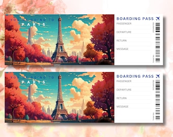 May include: A stylised illustration of the Eiffel Tower in Paris, France. The image is set against a blue sky with white clouds. The Eiffel Tower is surrounded by trees with red and orange leaves. The text "YOU'RE GOING TO PARIS" is at the top of the image. The image is a boarding pass with the text "BOARDING PASS" and "PASSENGER", "DEPARTURE", "RETURN", and "MESSAGE" in a table format. The boarding pass has a barcode and the text "Ticket No. 0123456789".